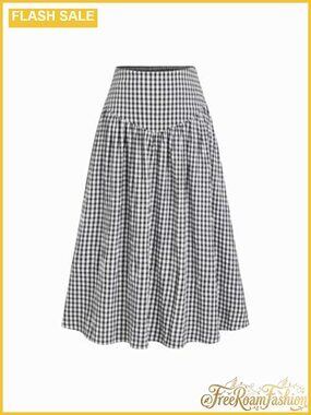 High Waist Gingham Plaid A-Line Maxi Skirt Flowy Summer Beach Vacation Skirt